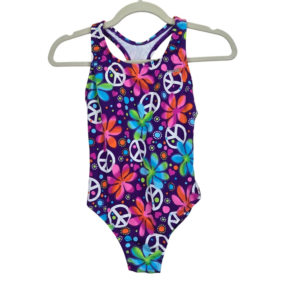 Speedo Girls One Piece‎ Swimsuit Size 14 Peace Floral Racerback Purple Kidcore